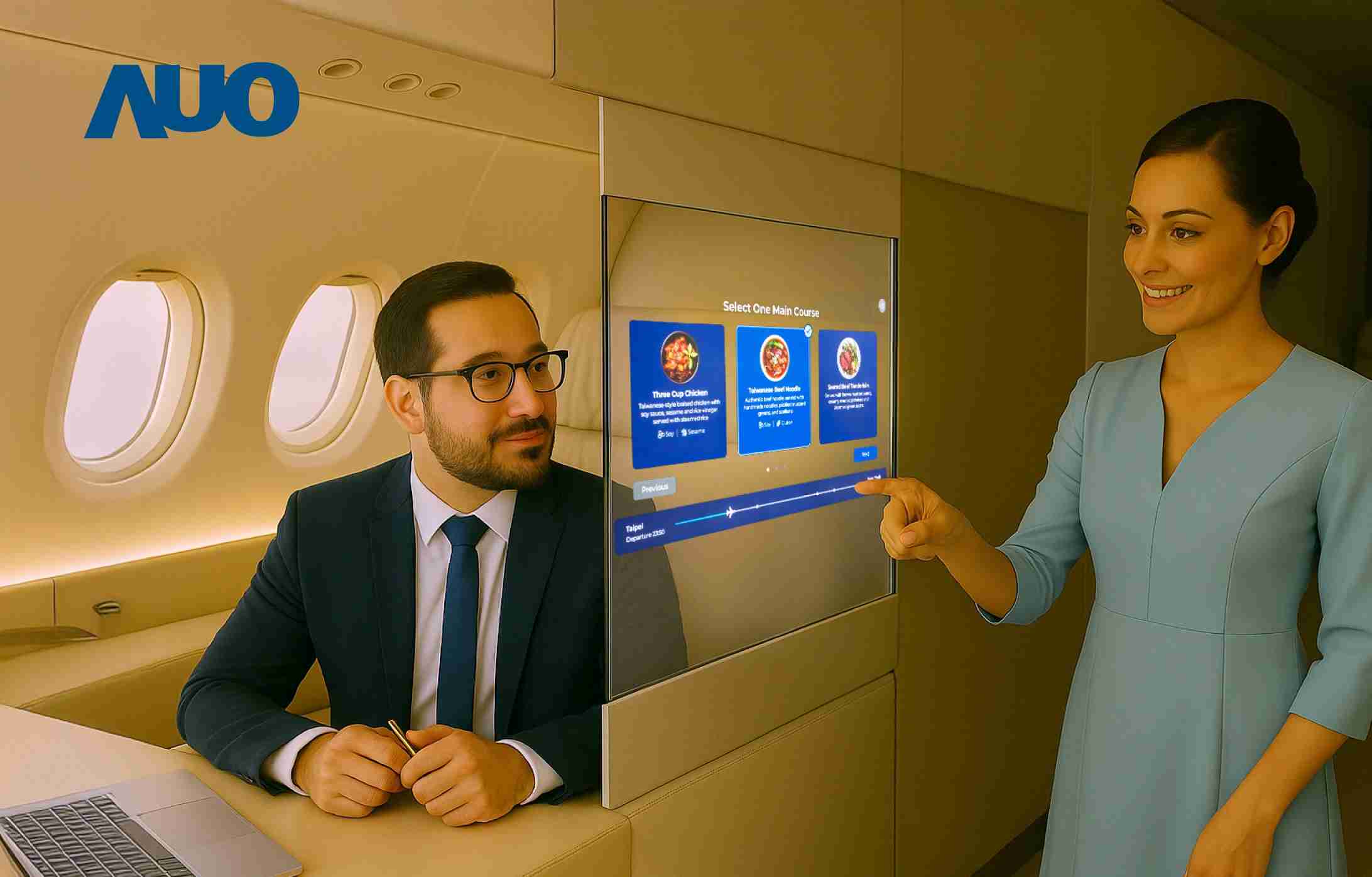 尊龙集团研发全球最薄17.3 吋双面透明 Micro LED 显示器，，，可在同一屏幕之双边投射不同信息，，，创造独特的”透明化”互动；图为实时翻译交流应用情境